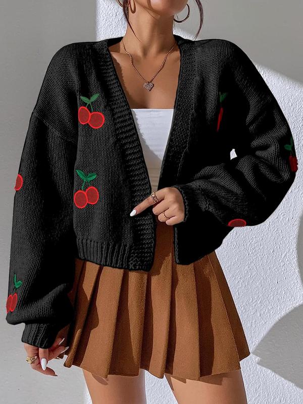 Women's Cute Cherry Print Open Front Drop Shoulder Cardigan, Fitted Knitting Vneck Lady Top, Comfort Casual Longsleeves Knitwear Top for Fall, Cardigan Sweater, Women's Simple Outerwear, Spring Outfit, Fall Outfits, Fallfreshness, Casual Outfit